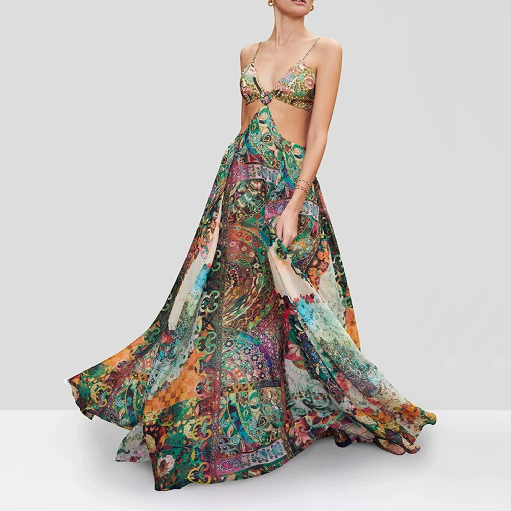 ZARA Elegant Floral Print Long Dress High Waist Button Chest